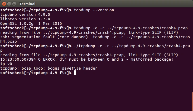 Unpatched tcpdump version 4.9 (top) patched tcpdump version 4.9 (bottom)